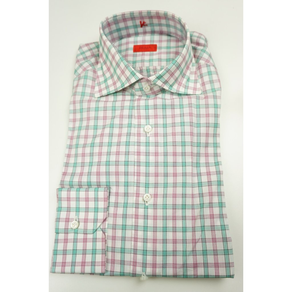 Isaia Flamingo Mint White Plaid Long Sleeve Cotton Dress Shirt 15.5/39 New